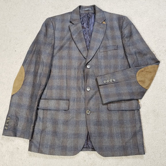 Joseph Abboud Sport Coat Mens 38R Gray Glen Plaid Wool Elbow Patch Blazer Preppy - Picture 1 of 16